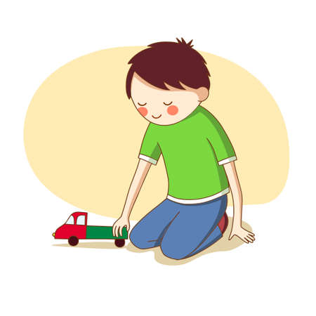 Childhood. Little boy playing with toy truck. Vectorのイラスト素材