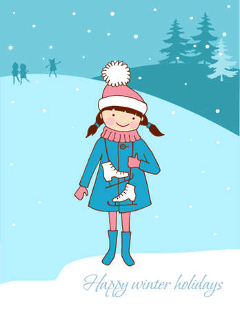 Winter holiday. The girl came to the rink, holding skates in her hands.のイラスト素材