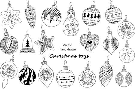 Hand drawn linear tree decorations, balls and dolls, a cone and a star.のイラスト素材