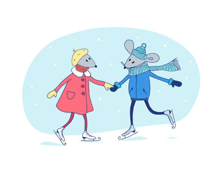 Card with cute two little mice in skates: Merry Christmas.のイラスト素材