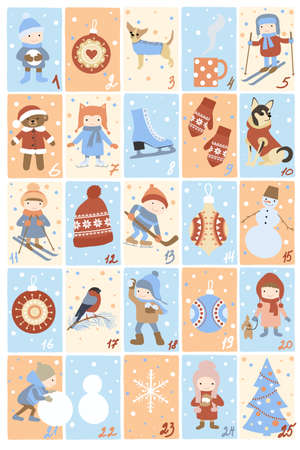 Christmas advent calendar. 25 vector illustrations on the theme of winter holidays.のイラスト素材
