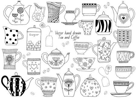 Hand drawn teapot and cup collection. Doodle tea cups, coffee cups and teapots isolated on white background.のイラスト素材