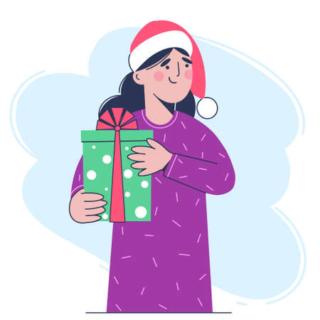A woman in Santa red hat holding Christmas gift in hand. Color illustration in a flat style. Vectorのイラスト素材