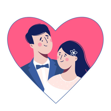 Sticker in the shape of a heart: the bride and groom, a loving beautiful couple. Vector illustration in flat style.のイラスト素材