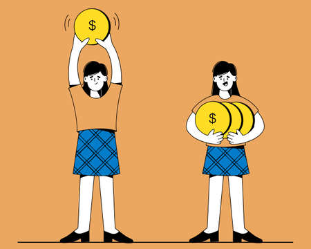 Earning money, increasing capital. Women hold gold coins in their hands. Monetary Profit, make money. The Concept Of Income. Vector flat illustrations.のイラスト素材