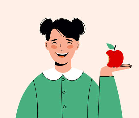 Concept of choice healthy nutrition. Young woman holding an half-bitten apple. Vector illustration.のイラスト素材