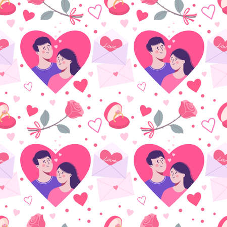 Seamless pattern loving beautiful couple with hearts and roses. Concept of romantic relationships and Valentine's Day. vectorのイラスト素材