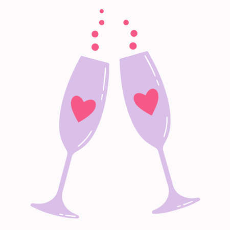 Two purple glasses with hearts. Symbol of the holiday. Concept of romantic relationships and Valentine's Day. Vectorのイラスト素材