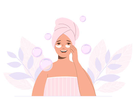 Beautiful woman with a towel on her head takes care of the skin of her face. spa procedure. Concept of beauty and healthのイラスト素材