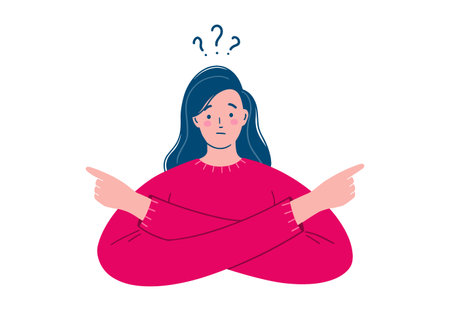 Woman makes difficult choice between two options. making decision. vectorのイラスト素材
