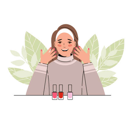 Woman has done manicure and is drying her nails. Collection of nail polishes. vectorのイラスト素材