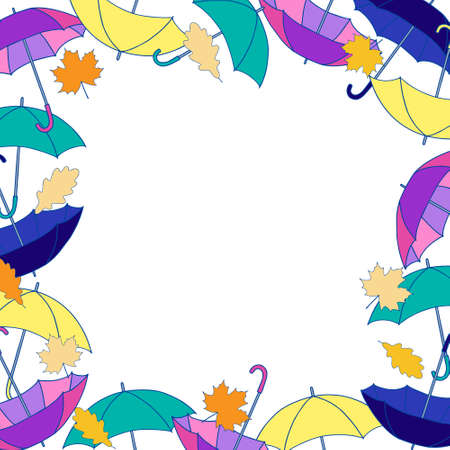 Square frame with bright umbrellas and autumn leaves on a white background. Vectorのイラスト素材
