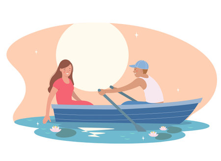 Romantic boat trip. Young man in love rides a girl on boat.のイラスト素材