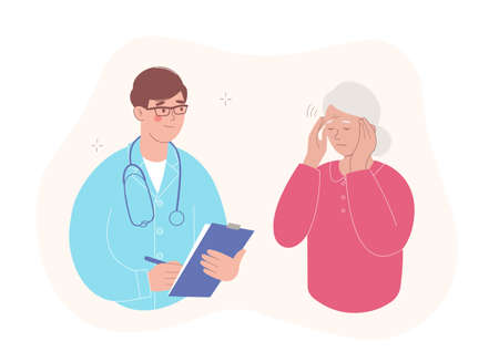 Elderly patient at a doctor's appointment. Elderly woman has a headache. Medical care and consultations, Vectorのイラスト素材