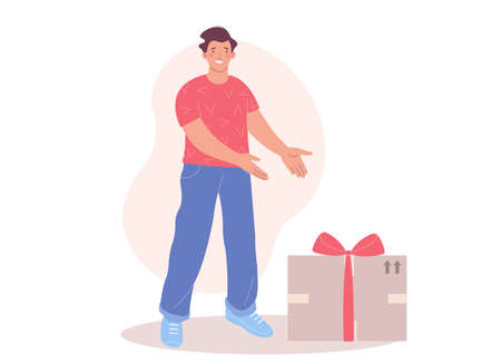 Man proudly points with his hands at a large cardboard box with red bow. flat vector illustrationのイラスト素材