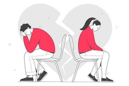 Sad upset man and woman. Depression and disappointment, love causing pain. Concept of unhappy relationships, divorce, breakup. outline illustration. Vectorのイラスト素材