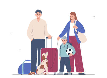 Happy family goes on vacation. Mother, father, child and dog travel together. The concept of traveling with pets. vectorのイラスト素材