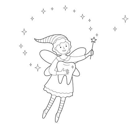 Cute tooth fairy with magic wand and big tooth. Contour linear illustration. Coloring pages for kids.のイラスト素材