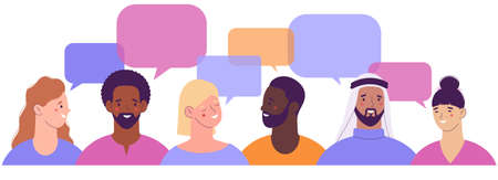 Group of multinational people speaking or speaking. Diverse cultures, international communication concept. Native speakers, friendly men and women. Dialogues between characters. vectorのイラスト素材