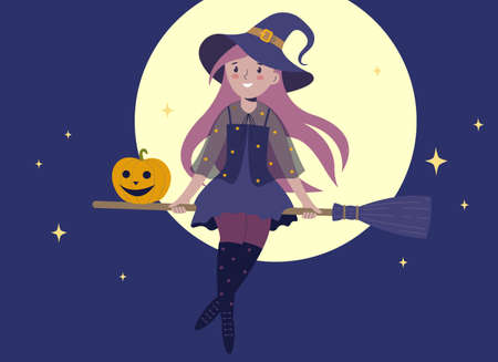 Halloween. Little witch flying on a broomstick against a dark sky and a big moon. vector illustration for childrenのイラスト素材