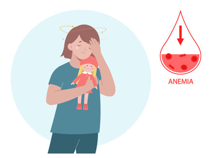 Girl feeling dizzy and nauseated. Little girl suffers from anemia and low hemoglobin.のイラスト素材