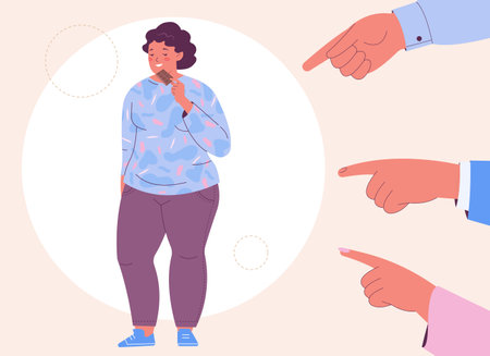 Frustrated overweight woman holds a chocolate bar in her hand. The concept of discrimination fat womenのイラスト素材