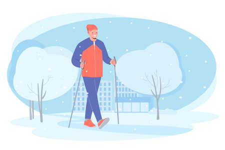 Senior elderly man training Nordic walking with ski trekking poles in winter park. Active rest outdoors. Concept of active healthy lifestyle of seniors. Vectorのイラスト素材