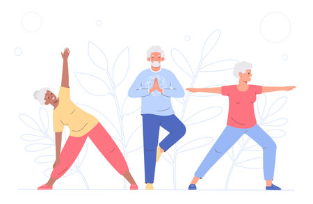 Elderly persons stretching, doing yoga. Exercise for concentration and attention, internal balance. Healthy and active lifestyle for old people. Vectorのイラスト素材