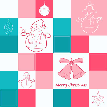 Geometric seamless pattern design for christmas and new year celebration. Snowmen and Christmas tree ornaments.のイラスト素材