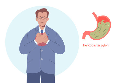 Man having Helicobacter pylori and gastritis. Stomach acid reflux disease and digestive system problem. Helicobacter pylori. Diseases of the stomach.のイラスト素材