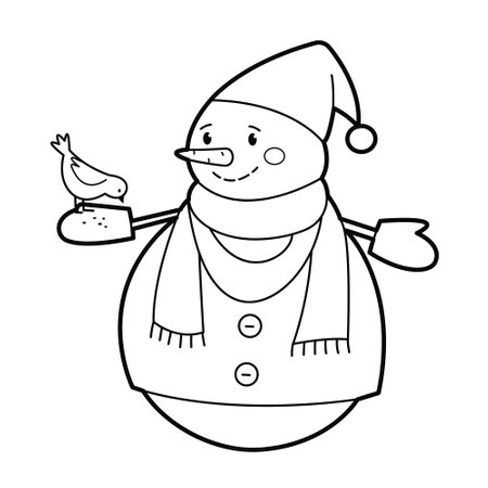Snowman with bird. Black white outline illustration. Suitable for anti-stress and childrens coloring booksのイラスト素材