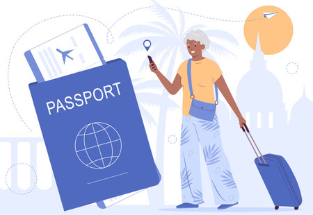Active older african american woman traveling. Gray-haired woman holding luggage. Elderly people traveling concept. Passport and plane tickets.のイラスト素材