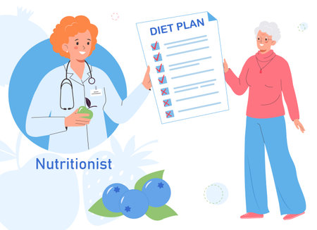 Nutritionist is counseling an elderly female patient. The nutritionist prepares nutritional plan. Healthy eating for the elderly and the concept of active longevity.のイラスト素材