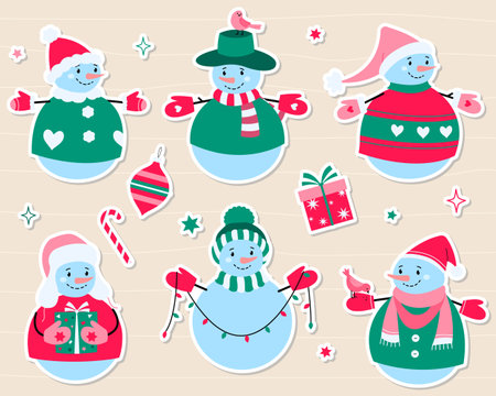 Set of winter holidays snowman. Christmas and New Years stickers. Cartoon vector graphics isolated on white background.のイラスト素材