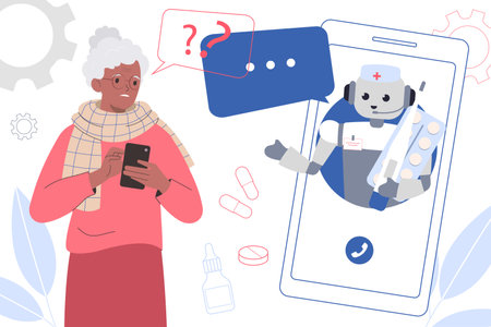 Elderly woman uses smartphone for Ð¼edical consulting. Artificial intelligence robot advises patient and answer questions. Healthcare virtual assistants. Medical chat-bot concept.のイラスト素材