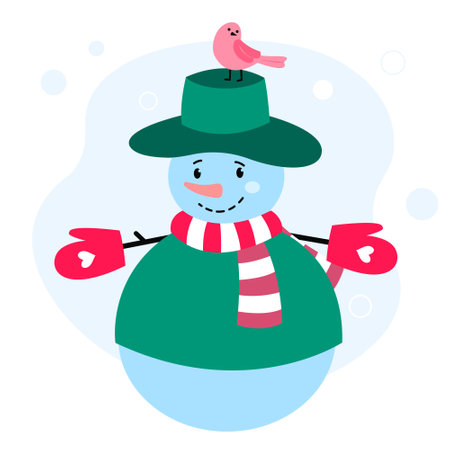 Snowman with green hat and bird. Color illustrationのイラスト素材