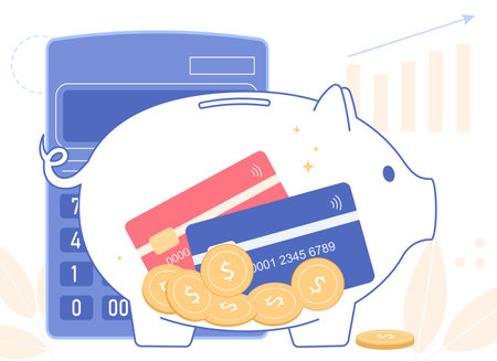 Glass piggy bank with coins inside. Transparent banking service, financial industry. Money savings concept.のイラスト素材