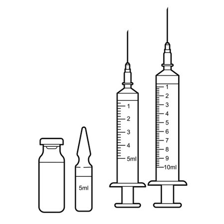 Medical Syringe with Needle and Vials, Ampoules. Isolated outline Illustration on white background. Vectorのイラスト素材