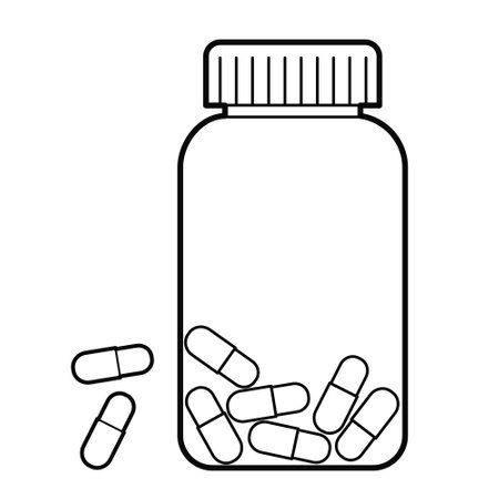 Clear glass medicine bottle with pills. Isolated outline Illustration on white background. Vectorのイラスト素材