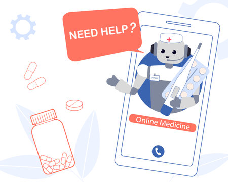 Smartphone screen with robot. Artificial intelligence robot advice and answer questions. Healthcare virtual assistants. Medical chat-bot concept.のイラスト素材