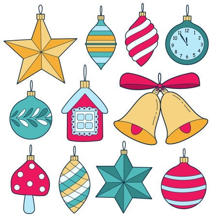 Set of colored Christmas tree toys. Vector illustration of winter Holidays items.のイラスト素材