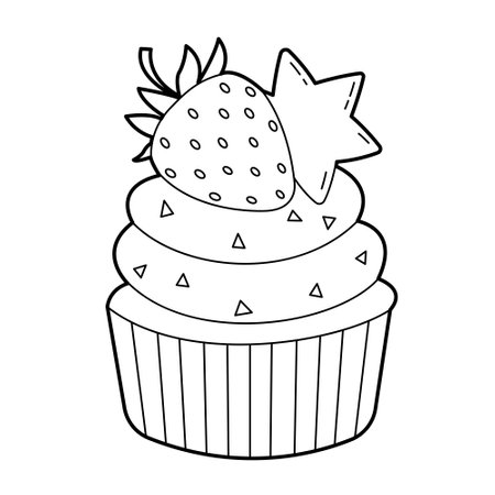 Cupcake with whipped cream and strawberries. Design element. Black and white outline illustration for coloring bookのイラスト素材