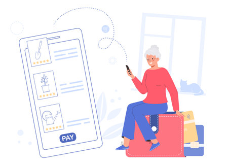 Old woman shopping online at home using mobile phone. Elderly woman with smartphone selects the goods to order. Mobile shopping concept.のイラスト素材