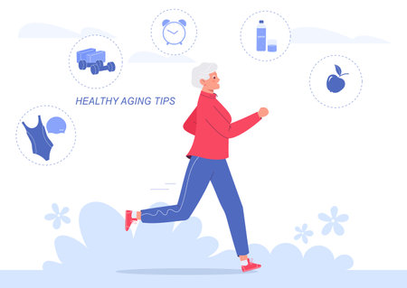 Elderly woman running in the park. Outdoor running activity and healthy lifestyle in old age. Fitness, swimming, healthy eating and daily routine.のイラスト素材