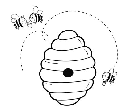 Beehive with Bees. Design element. Black and white illustration Isolated on white background. Vector
