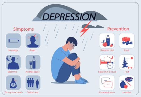 Sad male suffer from depression or mental psychological problems. Infographics of depression. Reasons and prevention of the disease. Medical info poster. Flat vector illustrationのイラスト素材