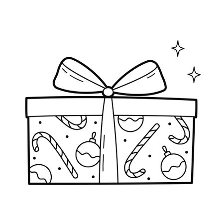Big Christmas box with ribbon. Outline illustration, isolated on white background.のイラスト素材