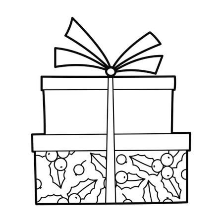 Two Christmas boxes with ribbon. Outline illustration, isolated on white background.のイラスト素材