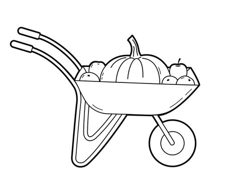 Garden cart with pumpkin and apples. Harvesting. Black white outline illustration, isolated on white background.のイラスト素材