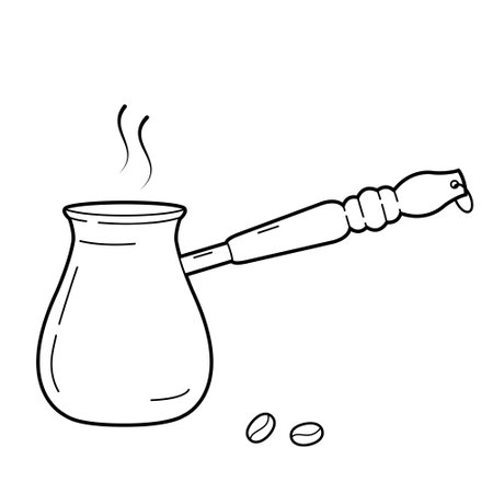 Metal turk with coffee and beans. Simple outline illustration, isolated on white background, design elementsのイラスト素材